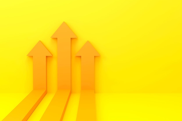 Żółte strzałki wznoszą się na ściance wykresu wzrostu lub wykresie dynamicznego wzrostu gospodarczego bijącego rekord
