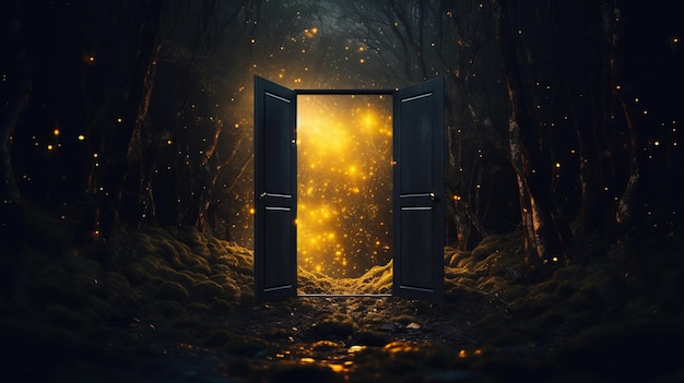 Zdjęcie Żółte, świecące drzwi położone w bujnym lesie.