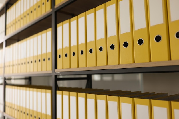 Żółte teczki z materiałami i dokumentami ułożonymi w długich rzędach na półkach w uporządkowanym segregatorze