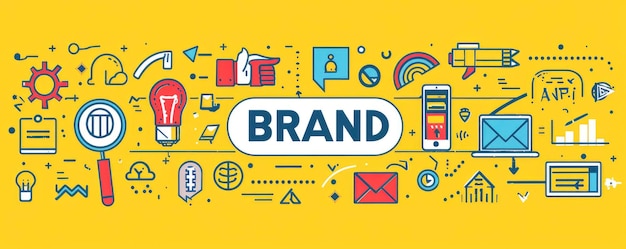 Żółte tło z słowem BRAND w dużych tłustych literach w środku i otoczone ikonami reprezentującymi różne elementy marketingowe