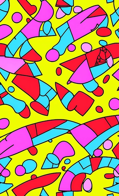 Zdjęcie Żółte tło ze wzorem czerwonych, niebieskich i różowych kształtów oraz czerwonym w środku.