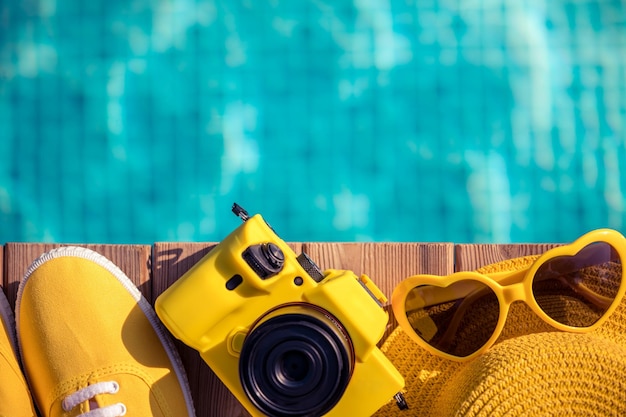 Żółte trampki i aparat na niebieskim drewnie na tle wody