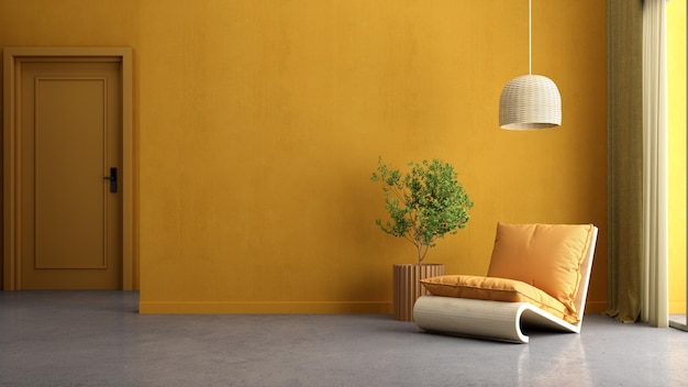 Żółte wnętrze salonu z lampą fotela i rośliną