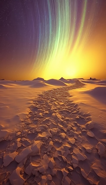 Zdjęcie Żółte zorze nad arktycznym śniegiem nocny blask