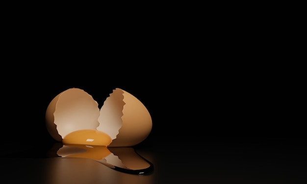 Żółtko jajka w popękanej skorupce na stole Odbicie na powierzchni i czarnym tle Renderowanie 3D