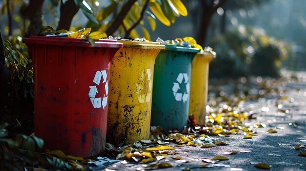 Zdjęcie Żółto-zielone i czerwone pojemniki na śmieci z symbolem recyklingu koncepcja oddzielnego zbierania odpadów