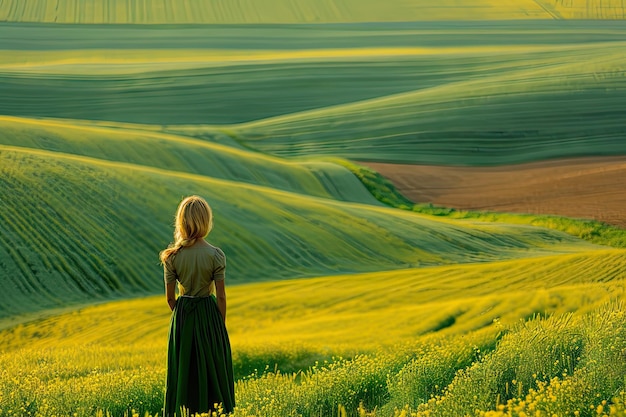 Żółto-zielone pola Krajobraz z młodą dziewczyną cieszącą się przyrodą