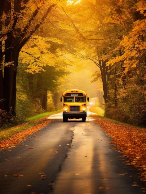 żółty autobus jedzie drogą z jesiennymi liśćmi.