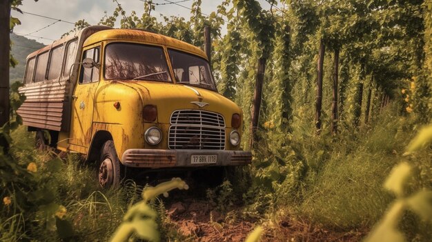 Żółty autobus w polu winorośli