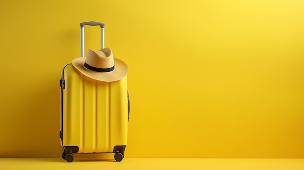 Żółty bagaż i kapelusz koncepcja podróży tło kopia przestrzeń Renderowanie 3D Koncepcja podróży minimalny styl