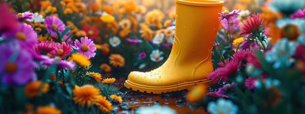 żółty but przeciwdeszczowy stoi przed jasnymi kolorami kwiatów