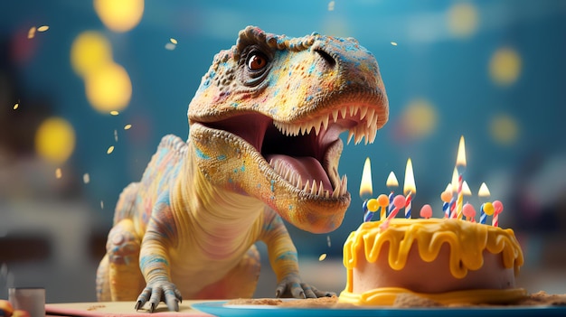 Żółty dinozaur jedzący kawałek ciasta urodzinowego