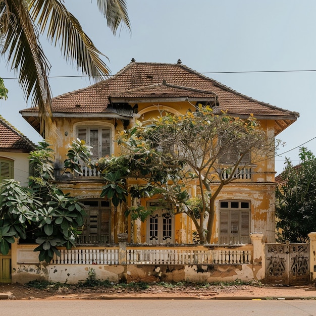 Żółty dom z palmą w Cotonou Benin Architektura kolonialna