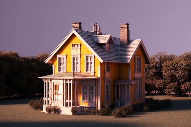 Żółty dom z werandą i werandą z dachem