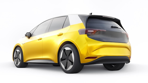 Żółty elektryczny miejski hatchback nowej generacji z ilustracją 3d o rozszerzonym zasięgu