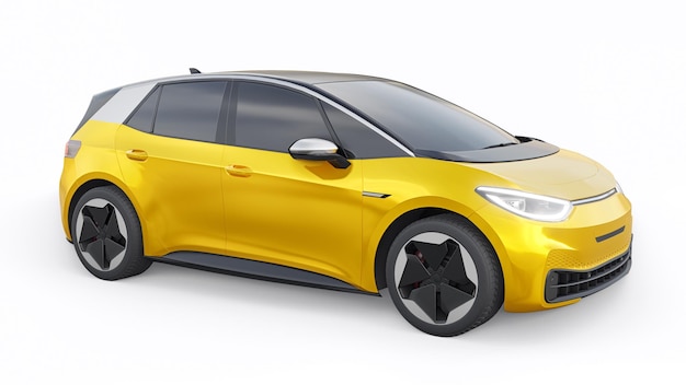 Żółty elektryczny miejski hatchback nowej generacji z ilustracją 3d o rozszerzonym zasięgu