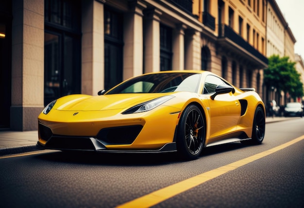 Żółty Ferrari jeździ ulicą.