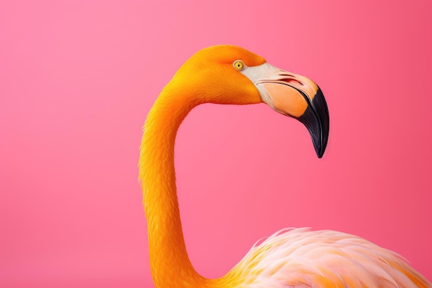 Żółty flamingo na różowym tle widok boczny