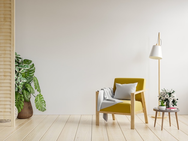 Żółty fotel i drewniany stół we wnętrzu salonu, biały rendering wall.3d