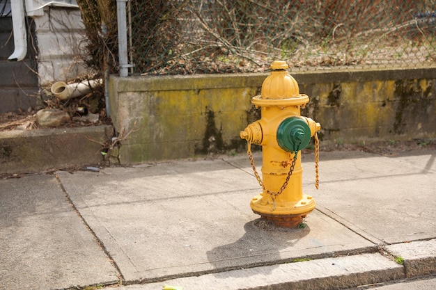 Żółty hydrant z zielonym wierzchołkiem i zielonym wierzchołkiem.