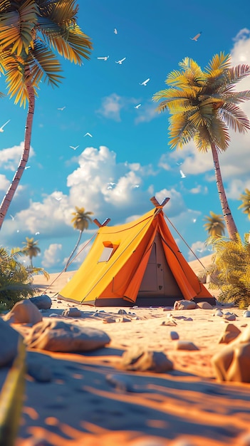 żółty i pomarańczowy namiot jest w piasku z palmami na tle obozowanie na pustyni 3D r