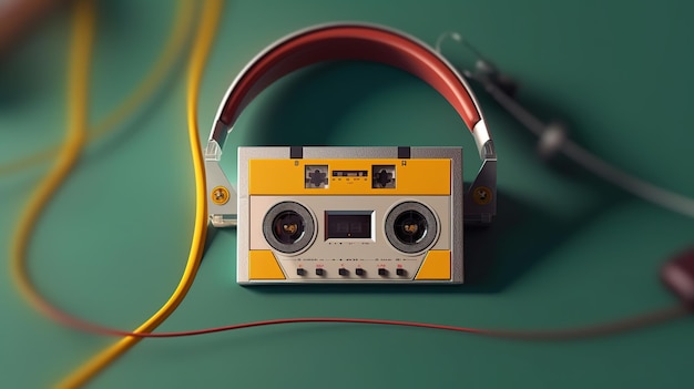 Zdjęcie Żółty i pomarańczowy odtwarzacz kasetowy ze słuchawkami.