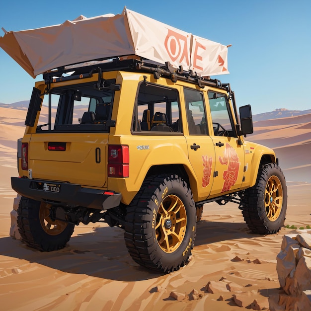 Żółty jeep na pustyni