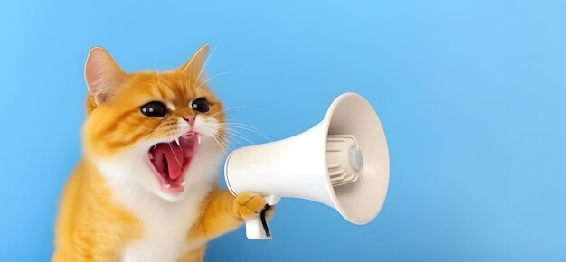 Żółty kot ogłasza za pomocą głośnika ręcznego Ogłoszenie ostrzeżenia