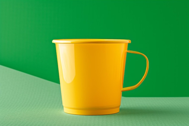Zdjęcie Żółty kubek z zamkniętą pokrywą siedzi na zielonym stole