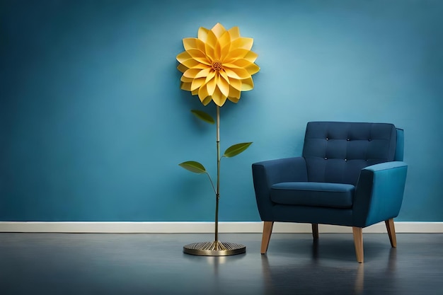 Żółty kwiat na stole obok niebieskiej ściany