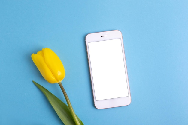 Zdjęcie Żółty kwiat tulipana i miejsce na ekran telefonu komórkowego na niebieskim tlerosja ukraina konflikt ukr
