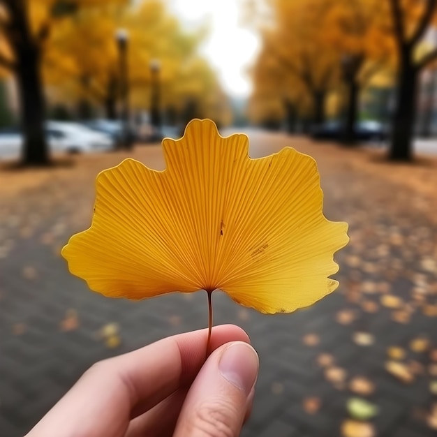 żółty liść ginkgo w ręku na niewyraźnym tle jesiennego parku AI Generative