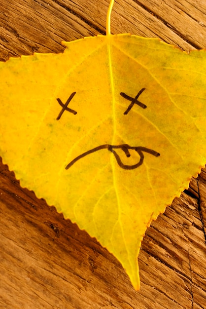 Żółty liść z wizerunkiem smutnej twarzy na starym drewnianym tle z pęknięciami