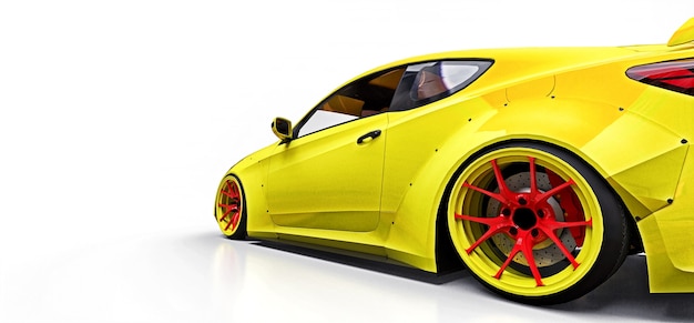 Żółty Mały Samochód Sportowy Coupe. Zaawansowany Tuning Wyścigowy Ze Specjalnymi Częściami I Przedłużeniami Kół. Renderowania 3d.