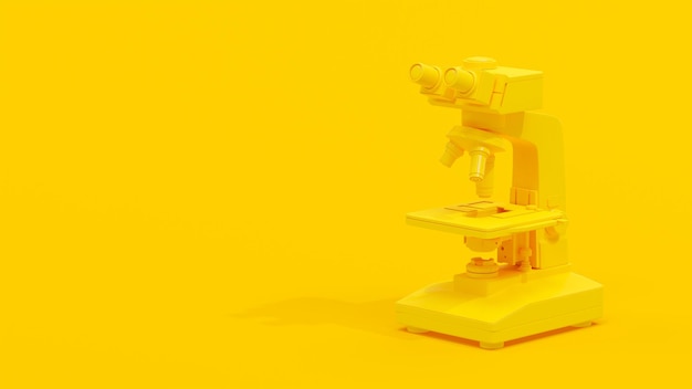 Żółty mikroskop na żółtym tle Miejsce na baner i logo Koncepcja minimalnego pomysłu Renderowanie 3D