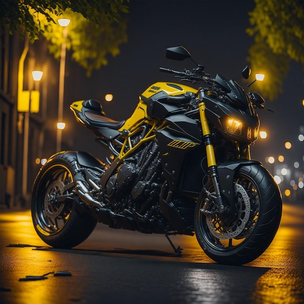 Żółty motocykl zaparkowany na ulicy w nocy