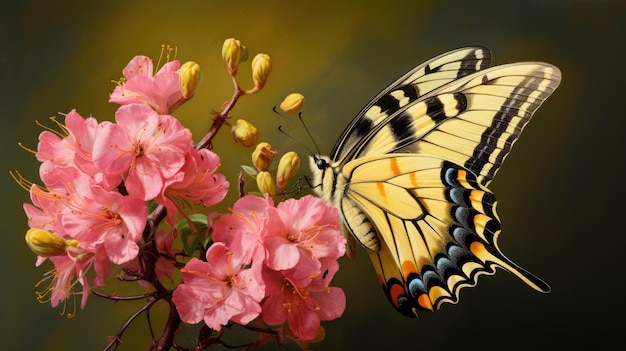 Żółty motyl spoczywający na różowym kwiatku w przyrodzie