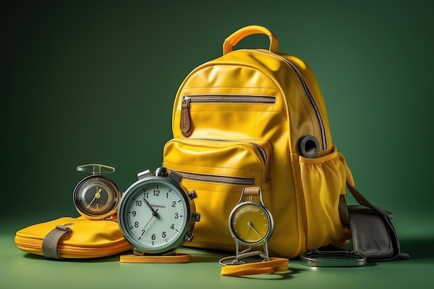 Żółty plecak zawierający zegar i różne przedmioty Żółty torebka z budzikiem i sprzętem szkolnym AI Generowane