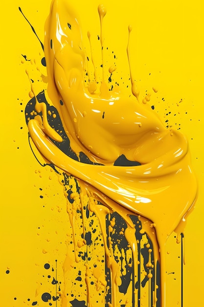 Żółty płyn rozpryskujący się po żółtej ścianie z czarnymi plamami Generative AI