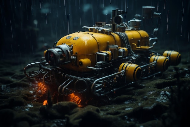Żółty pojazd podwodny unoszący się na powierzchni akwenu AI