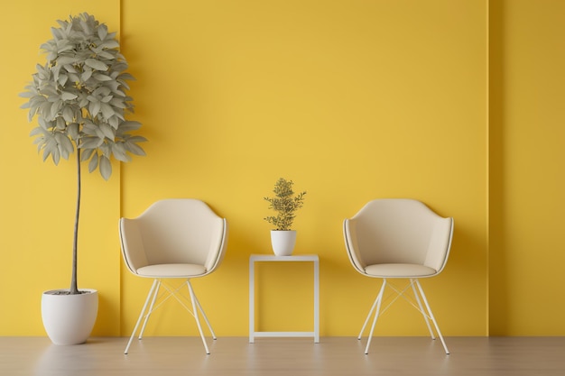 Żółty pokój pusty z krzesłami i rośliną doniczkową