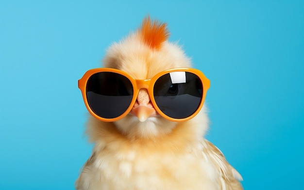 Żółty ptak z okularami przeciwsłonecznymi na twarzy.
