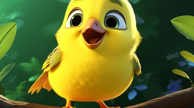 żółty ptak z otwartymi ustami siedzący na gałęzi w animowanej scenie generatywny ai