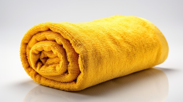 Żółty ręcznik leży na białej powierzchni.