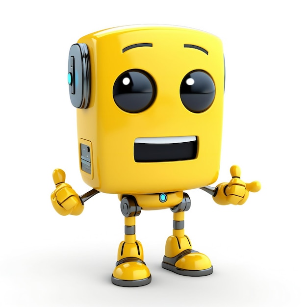 Żółty robot z dużym uśmiechem i dużym uśmiechem.