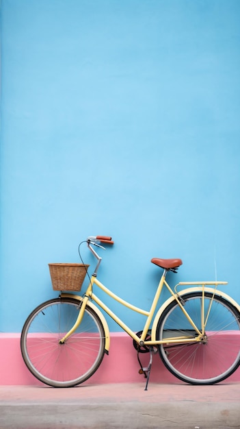 żółty rower zaparkowany pod niebieską ścianą