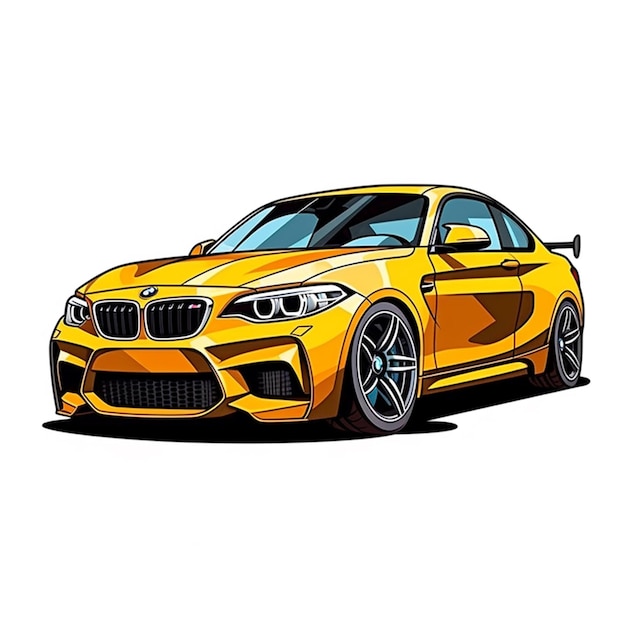 Żółty samochód BMW jest pomalowany w stylu kreskówki.