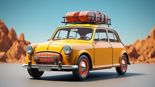 Żółty samochód retro Turystyka wakacje tematyczna przygoda samochodem w minimalistycznym stylu artystycznym