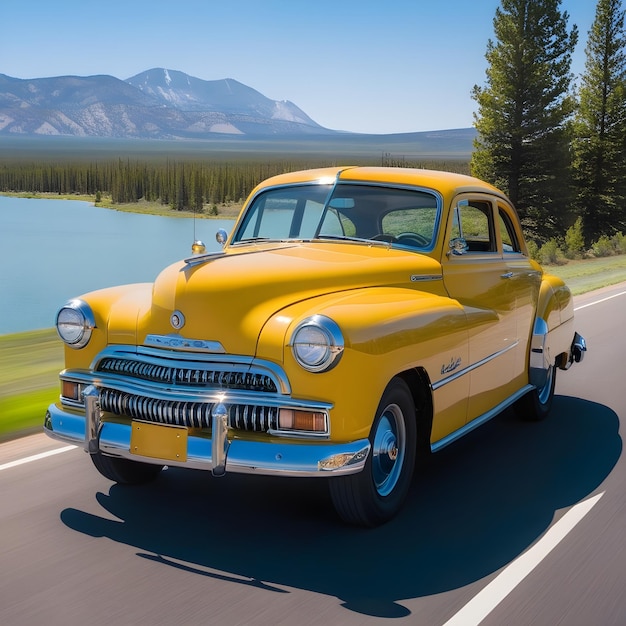 Zdjęcie Żółty samochód w pobliżu pięknego jeziora górskiego podróż wstecz w czasie
