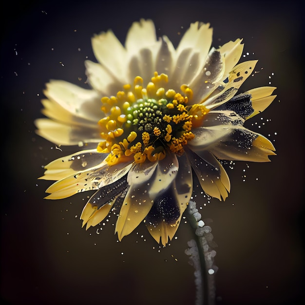 Żółty stokrotka kwiat z wodnymi kroplami na czarnym tle 3d ilustraci